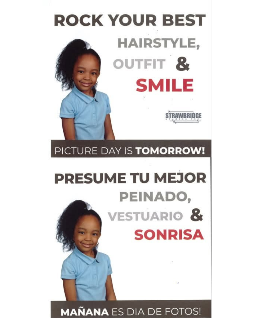 Advertisement for a school photo day. Two young girls are pictured. Text reads "Rock Your Best Hairstyle, Outfit & Smile."