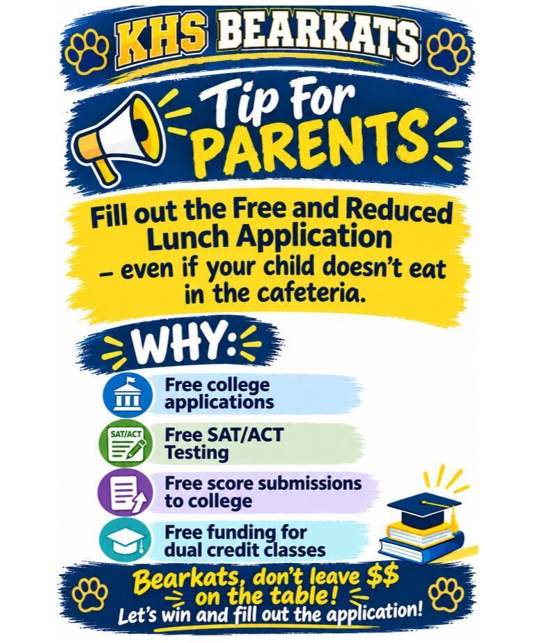 A poster encourages parents to fill out a lunch application. Benefits include free college applications, SAT/ACT testing, and more.