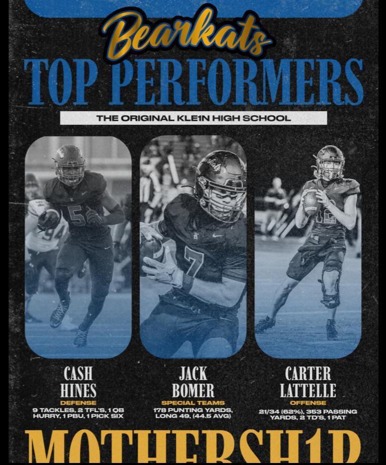 Poster with three football players. Names: Cash Hines, Jack Boemer, Carter LaTelle. Titles: Defensive, Special Teams, Offensive.