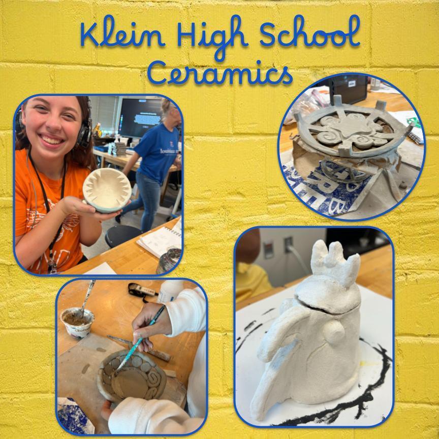 Four images of students making ceramics, one person smiling, and a ceramic piece on a pottery wheel.
