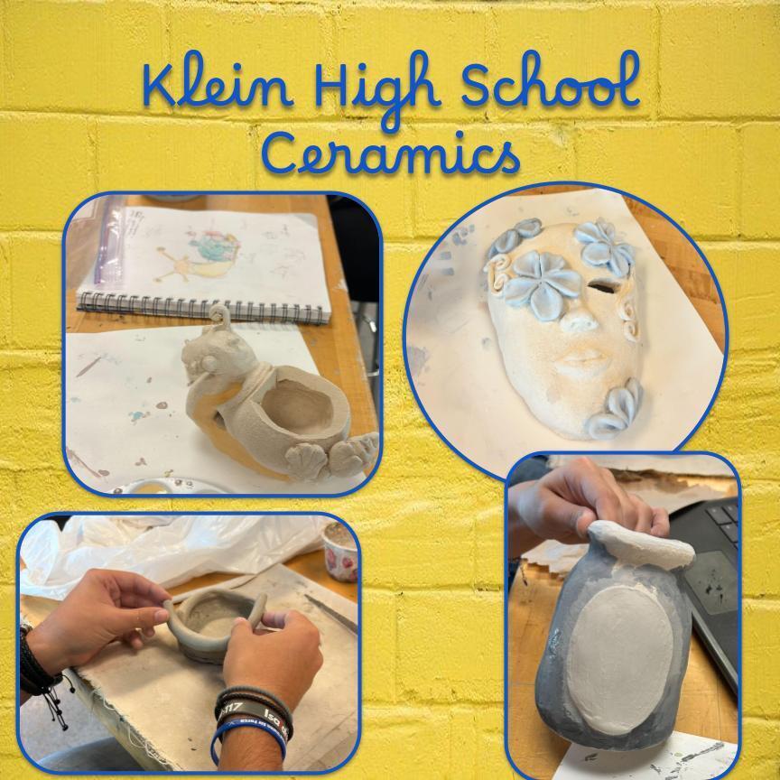 Collage of four images showing students working on clay sculptures in a ceramics class.