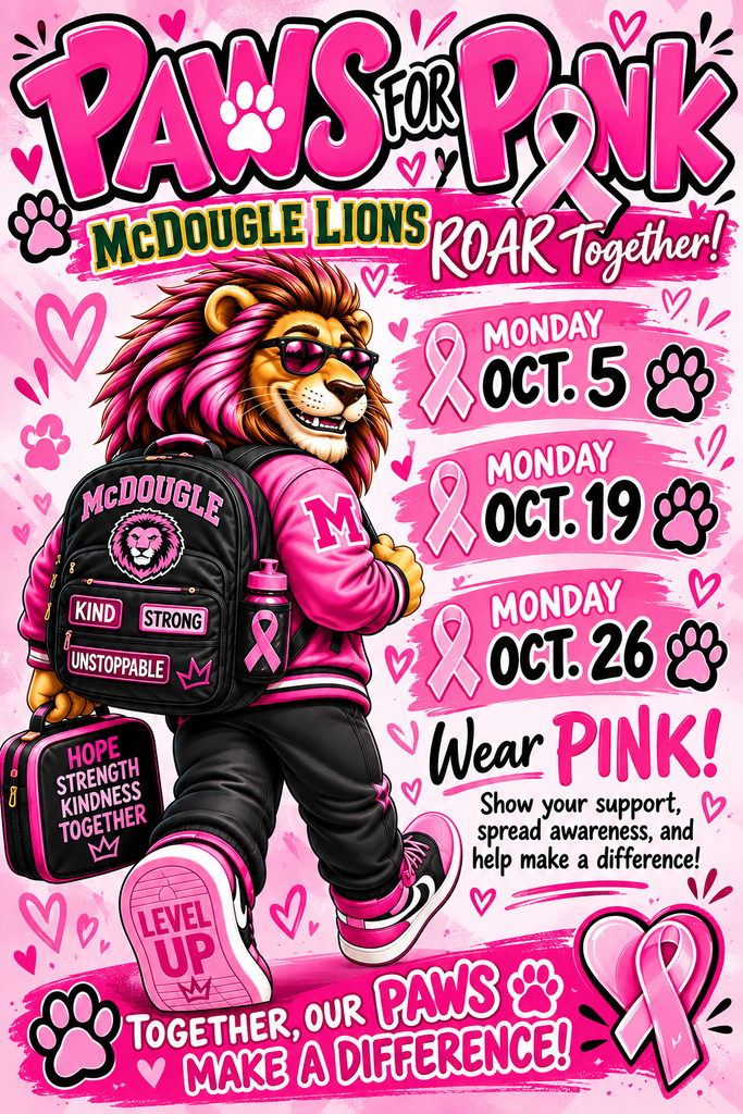 An illustration of a lion mascot with a backpack and pink attire, holding a briefcase, walking forward. Pink and white background with paw prints and pink ribbons.
