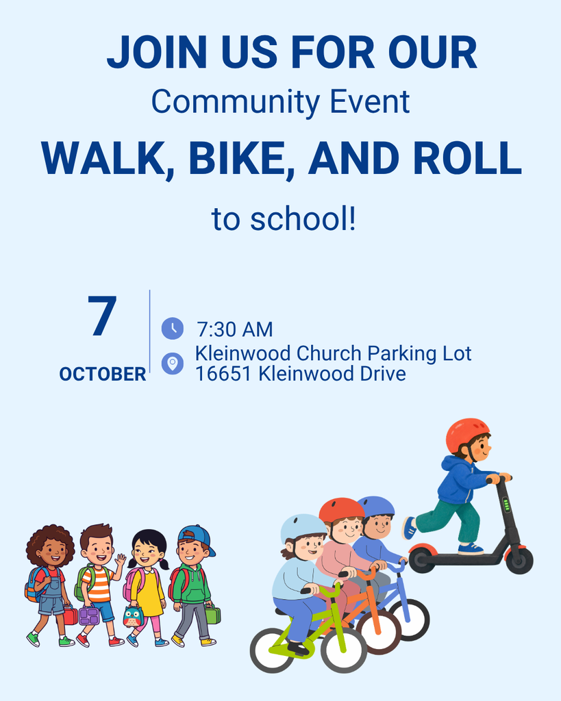 A flyer invites people to a community event. It features children walking, biking, and riding a scooter. Date and time are 7 October at 7:30 AM.