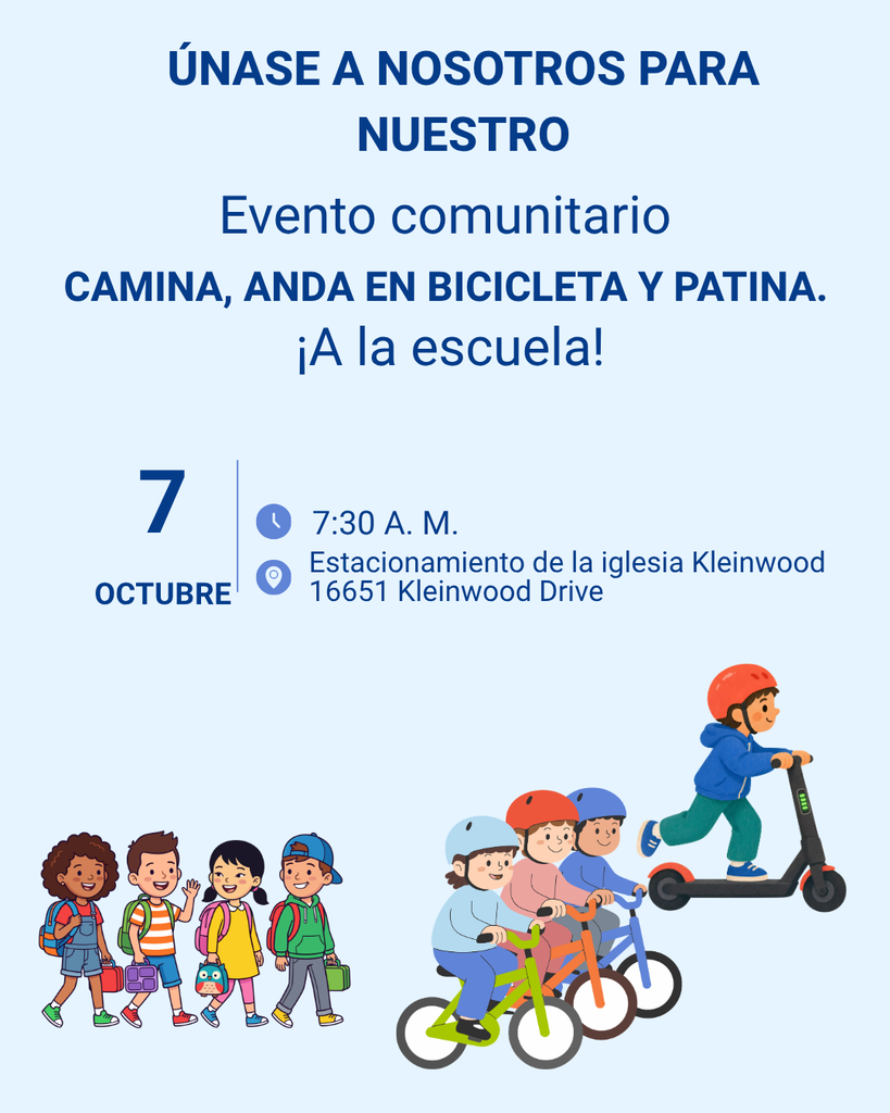A flyer promotes a community event on October 7, inviting people to walk, bike, or skate to school. The illustration shows children in helmets riding bikes and scooters.