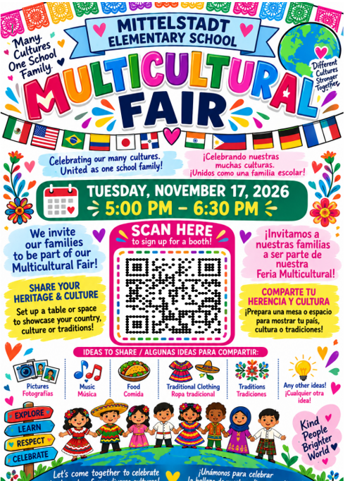 A colorful flyer with diverse cultural flags, a globe, and a QR code. It promotes Mittelstadt Elementary School's Multicultural Fair on November 17, 2026.