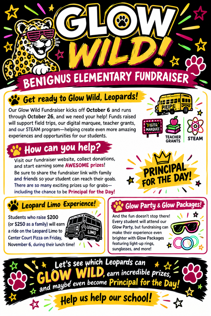 Bright colorful graphic promoting the "Glow Wild" fundraiser for Benignus Elementary. It includes an invitation to help, a school bus, and a limo.