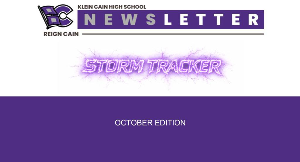 A white and purple banner reads "Newsletter" and "Stormtracker". Below, it says "October Edition" on a purple background.