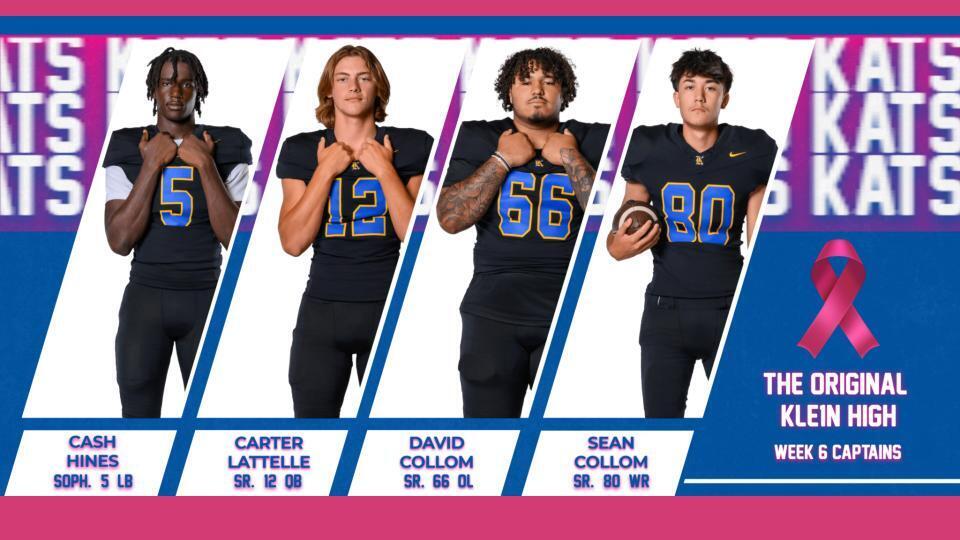Four athletes pose in football uniforms with numbers 5, 12, 66, and 90. A pink ribbon is in the background.