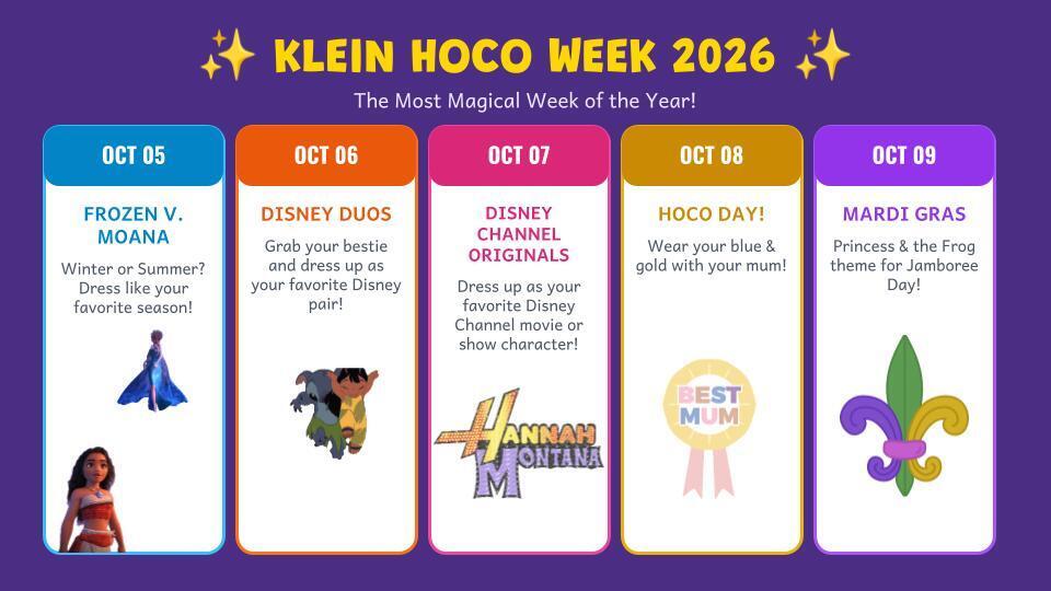A poster with five sections titled "Klein Hoco Week 2026". Each section has a date and themed activity.