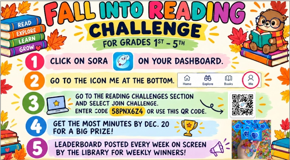 A colorful poster with steps to join the Fall into Reading Challenge. Steps include clicking on Sora, entering a code, and competing for a prize.