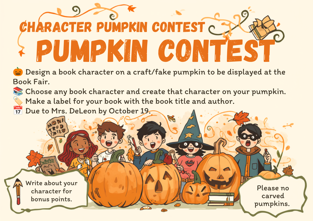 A poster with children, pumpkins, and a hat. Text reads: Character Pumpkin Contest. Instructions and due date.