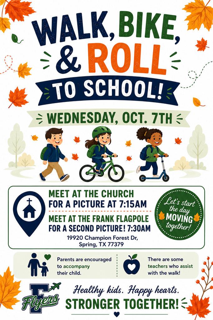 Poster with autumn leaves promoting "Walk, Bike, & Roll to School" on Oct 7. It includes details about a church meeting and a flagpole photo opportunity.