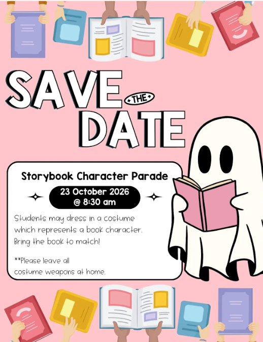 A poster features a ghost reading a book with "Save the Date" in large letters. Event details include a parade on October 23, 2026.