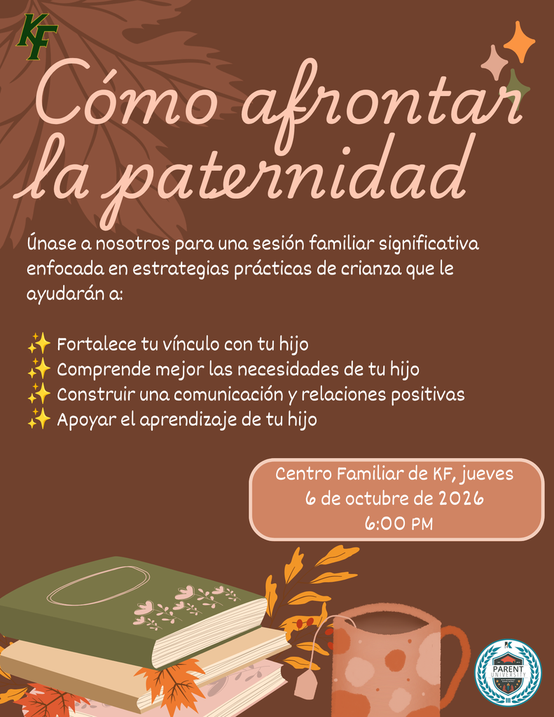 Poster with a brown background. A stack of books and a cup. Text reads "Como afrontar la paternidad".