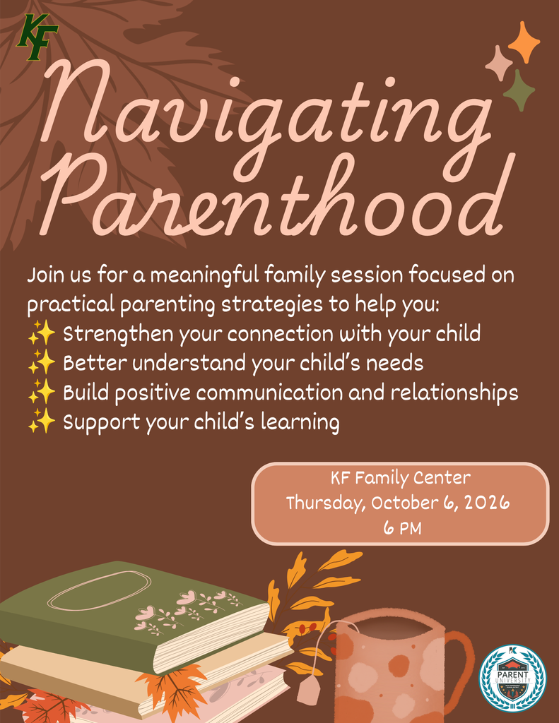 Poster with brown background. Title "Navigating Parenthood" with text about a session. Books and a mug are at the bottom.
