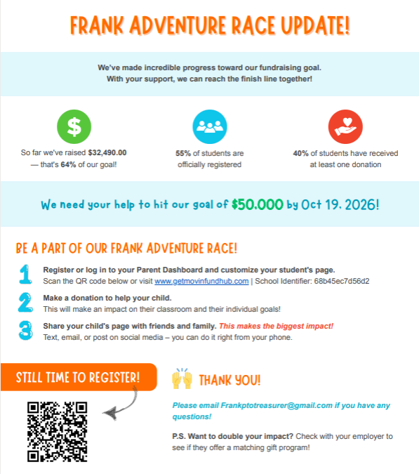 A fundraising update for Frank Adventure Race shows progress towards a $50,000 goal. It highlights the need for donations, registration, and sharing a child's page.
