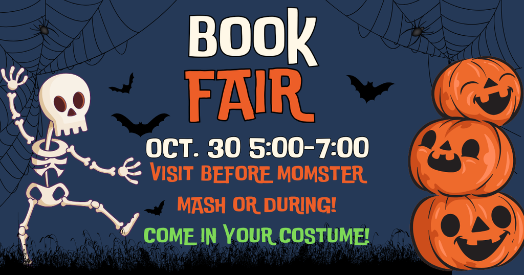 An advertisement for a book fair on Oct. 30. A skeleton on the left and pumpkins on the right.