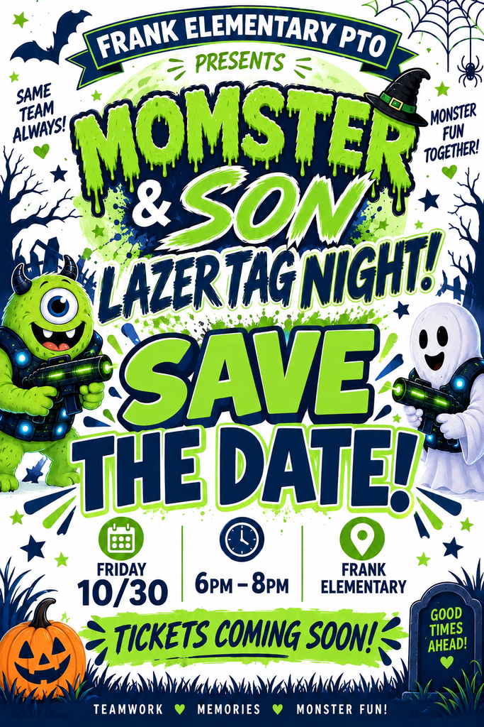 Poster for a Monster & Son Lazer Tag Night with a green monster, a ghost, and a pumpkin.
