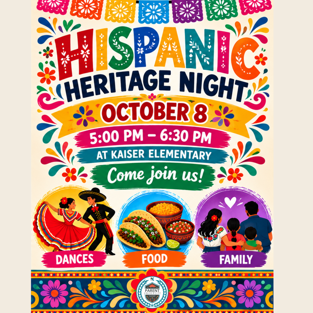 A colorful Hispanic Heritage Night flyer with a date and time, dancing couple, food, and a family.