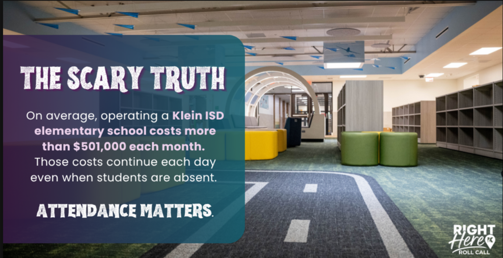 An empty hallway displays a large sign reading "The Scary Truth" and text about school operating costs.