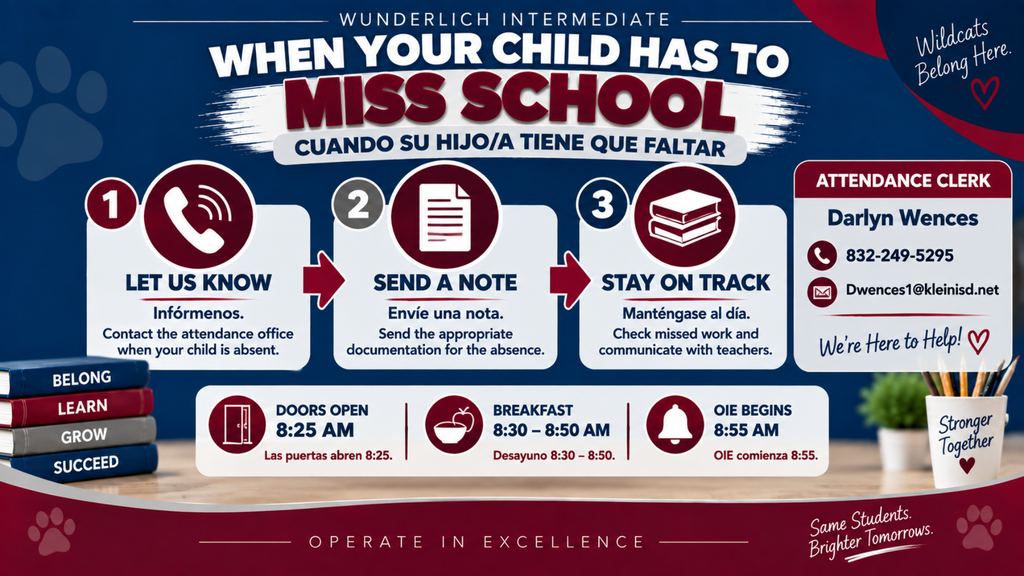 An informational flyer with text and icons. It includes a contact number for the attendance clerk.