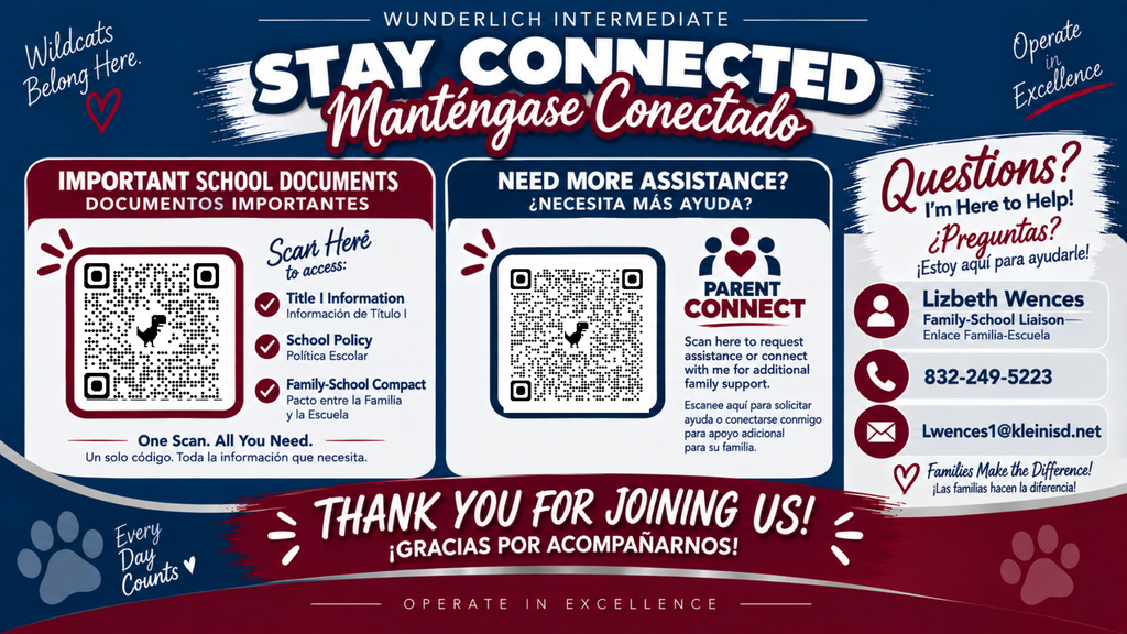 A poster with blue and red colors. It has QR codes, contact details, and a message thanking people.