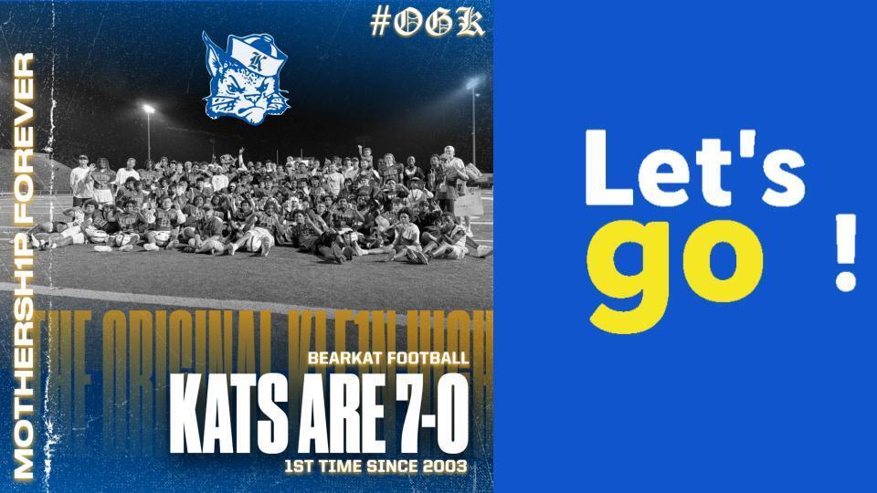 A blue background features a crowd of people watching a game, with a banner displaying "Let's go!" and a scoreboard showing "KATS ARE 7-0".