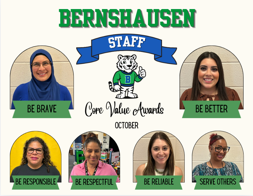 A collage of six smiling women and a tiger logo. Names and words like "Bernhausen Staff" and "Core Value Awards" appear.
