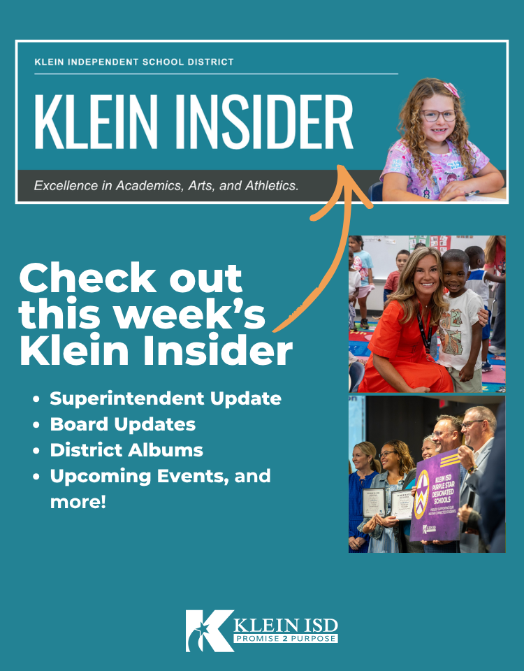A poster highlights the Klein Insider newsletter. It includes photos of a child, a teacher, and award recipients.