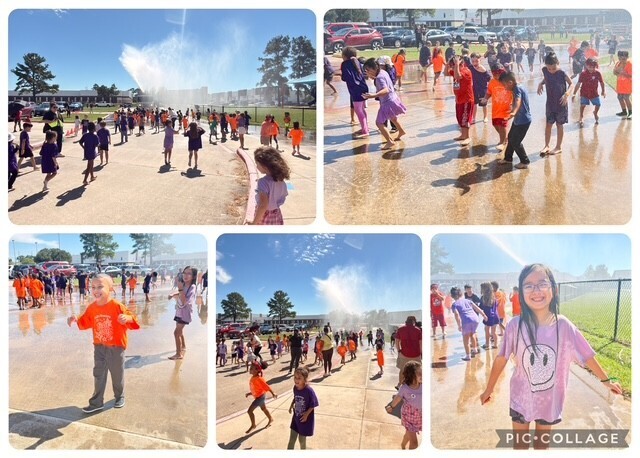 Four images show children running and playing in a water park. They wear orange and red shirts.