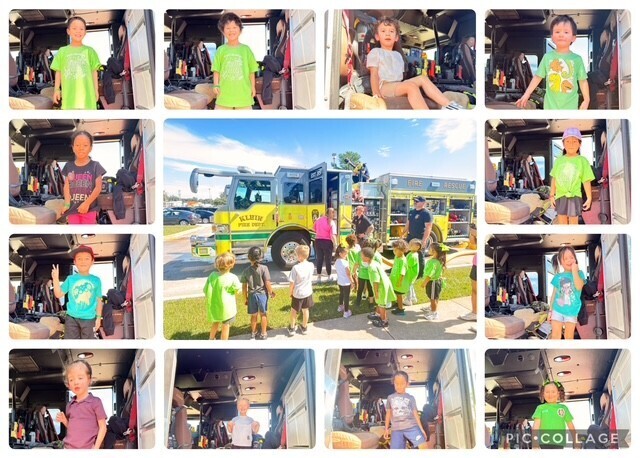 A collage of photos showing children in green shirts standing and sitting inside a fire truck.