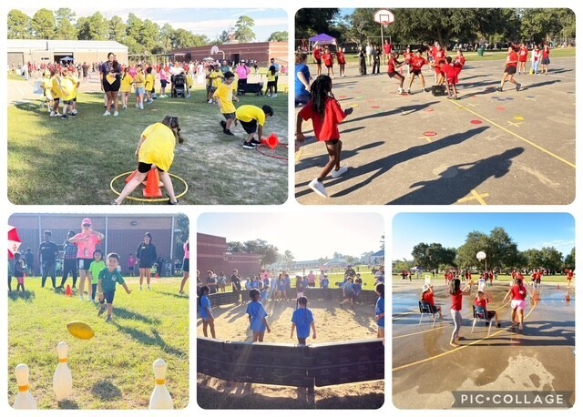 Multiple photos show children in yellow and red shirts engaging in outdoor activities. Scenes include playing on grass, a sandpit, and a playground.