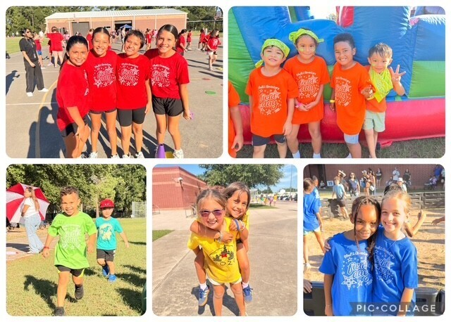 A collage of kids in colorful t-shirts, posing in groups, some in front of an inflatable. Green grass and trees.