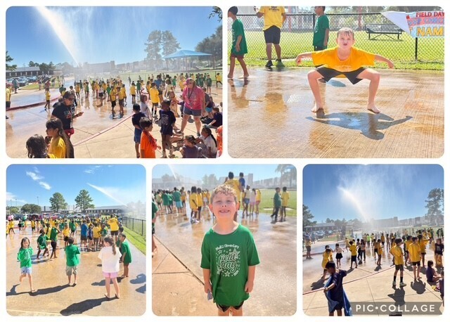 Four photos show children playing at an outdoor event. One child in a green shirt stands under a water fountain.