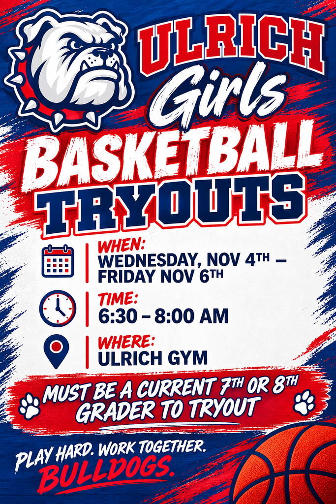 Graphic advertisement with blue, red, white colors, mascot, basketball, and text about girls basketball tryouts.