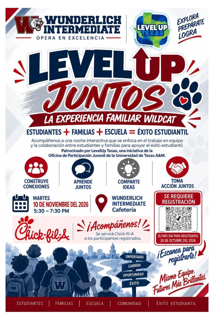 A poster shows colorful paw prints, text, and icons. It has "Level Up Juntos" at the top. Below is a paw print, text, and icons.
