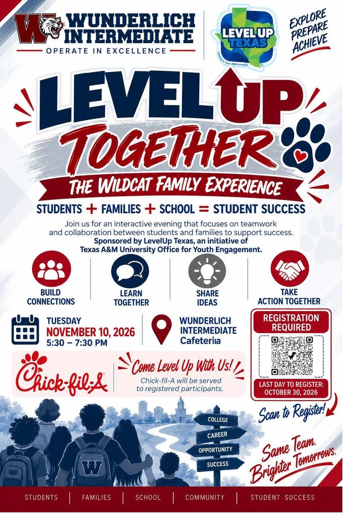 Advertisement for Wunderlich Intermediate School event. Text reads: Level Up Together, The Wildcat Family Experience.