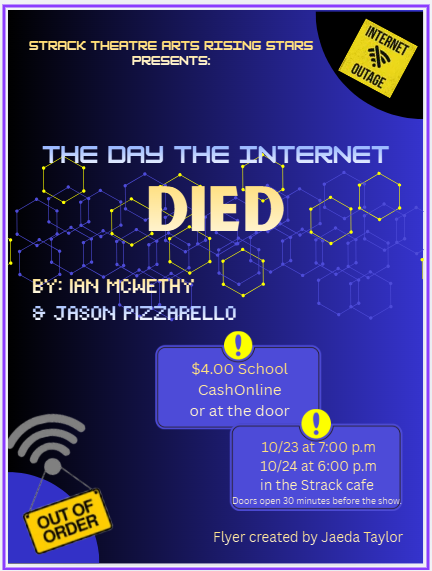 Advertisement poster for a play called The Day the Internet Died. It features a blue background with hexagonal patterns.