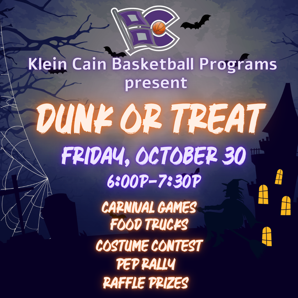 Halloween event at school. Dunk or Treat on Friday, Oct 30. Activities include carnival games, food trucks, a costume contest, and a pep rally.