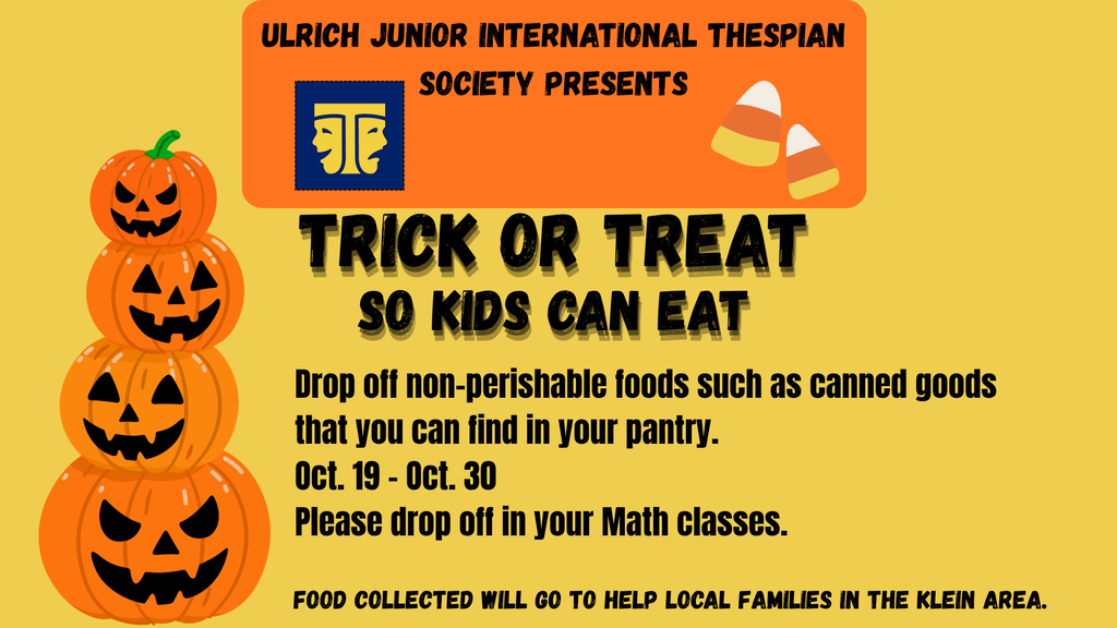 A yellow poster with pumpkins, candy corn, and text about a food drive for local families.