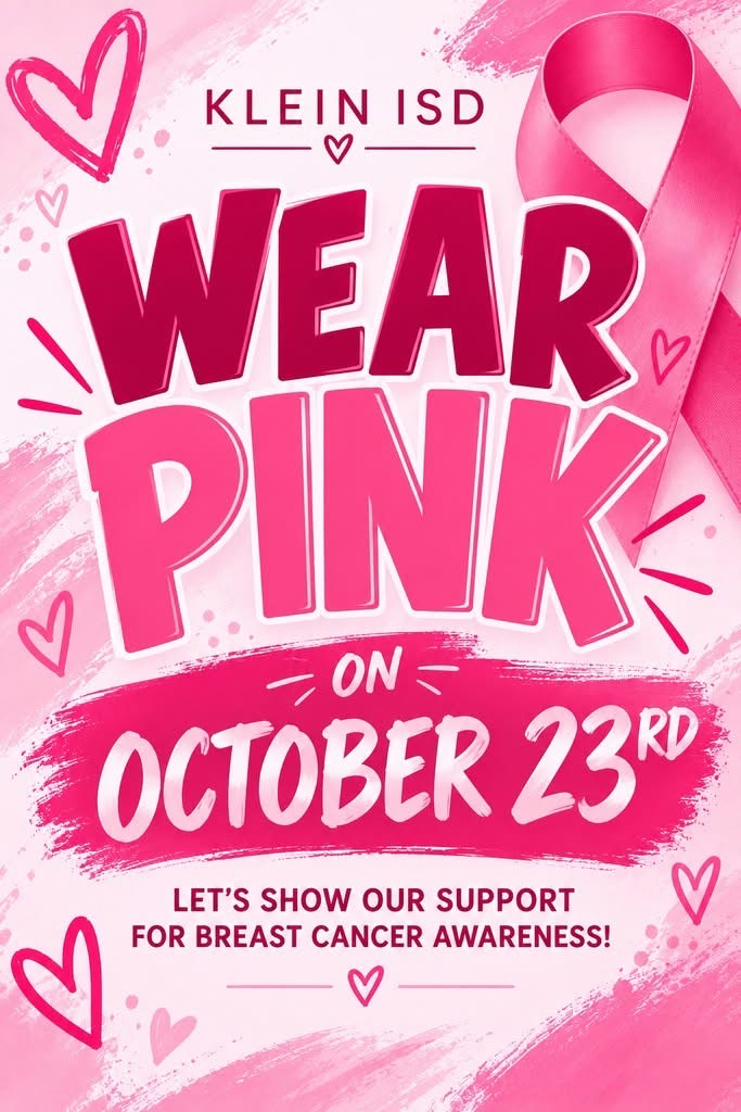 Poster with pink background. Pink hearts and ribbon. Words "Wear Pink on October 23rd". Text: "Let's show our support for breast cancer awareness!"