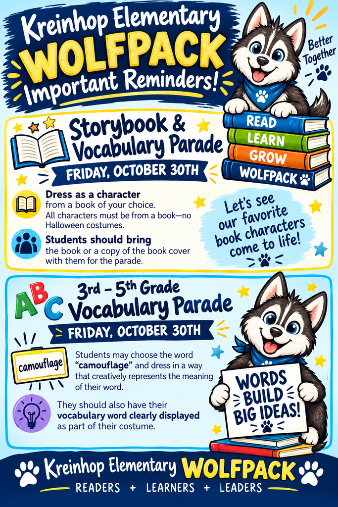 Poster for an event featuring a wolf holding a book, a wolf on books, and a wolf holding a sign.