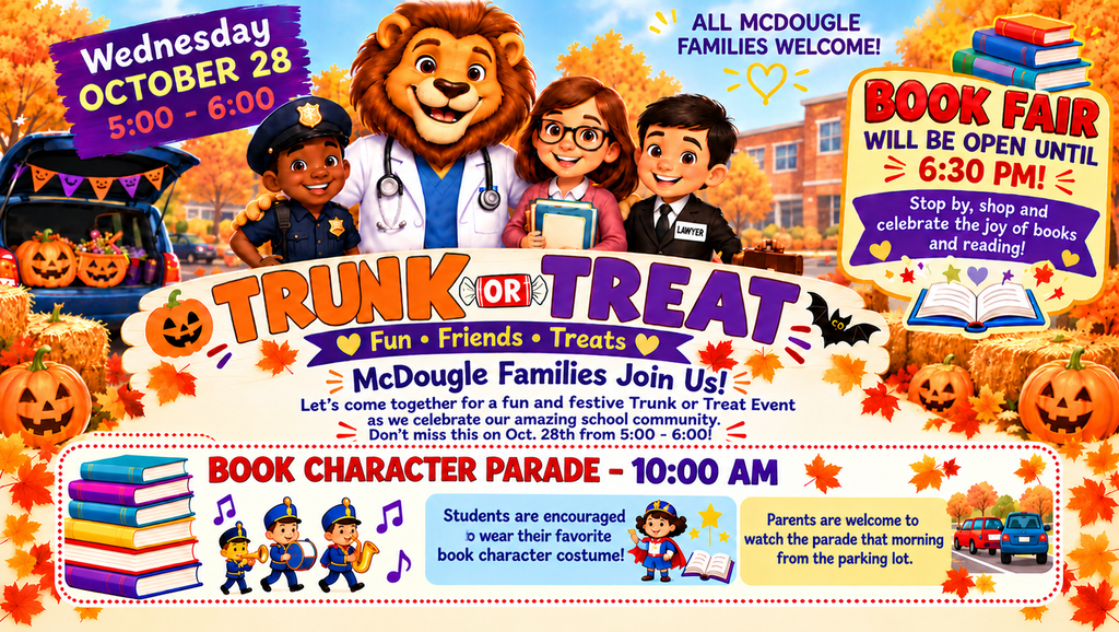Children dressed as book characters and an anthropomorphic lion on a flyer with autumn leaves and pumpkins.