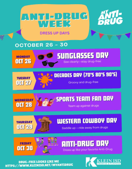 Poster with text 'Anti-Drug Week' at top. Dates below with clothing styles to dress in.
