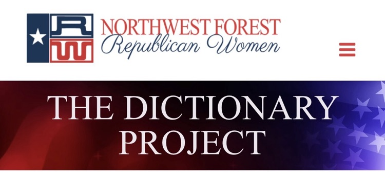 Banner with the words "The Dictionary Project" over a red and white background with American flag elements.