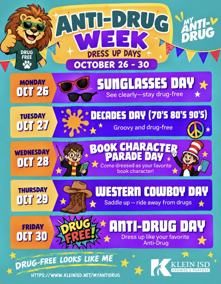 Colorful poster promoting Anti-Drug Week from October 26 to 30, with days named and themes like Sunglasses Day, Decades Day, Book Character Day, Western Cowboy Day, and Anti-Drug Day.