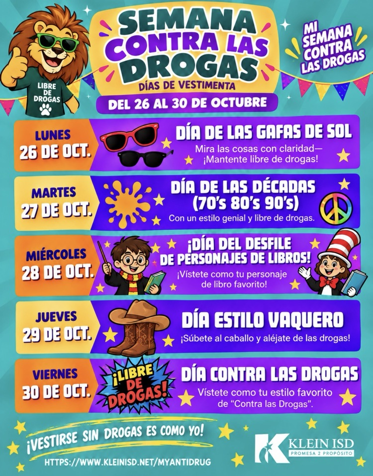 Poster with days of the week and activities for a week long event. A lion and cat wearing sunglasses. A boy with glasses and a peace sign.