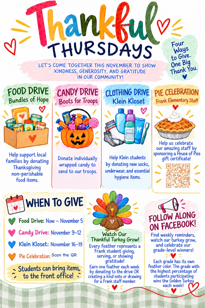 Poster with four colorful icons shows food drive, candy drive, clothing drive, pie celebration, and a pumpkin.