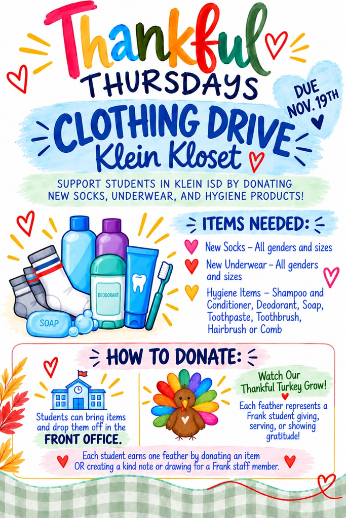 Colorful poster with "Thankful Thursdays Clothing Drive" text. Items needed include socks, underwear, hygiene products, and toiletries. A turkey, toothbrushes, soap, and a house are depicted.