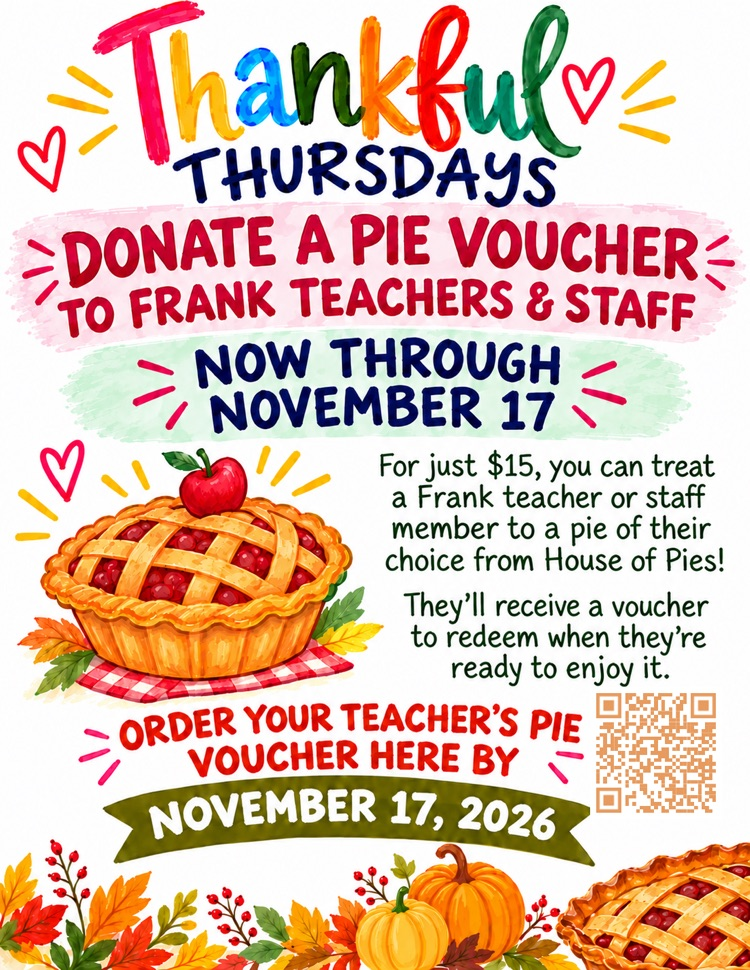 Poster with "Thankful Thursdays" in rainbow letters. A pie with a cherry is in the center. The text "Donate a Pie Voucher" is above the pie.